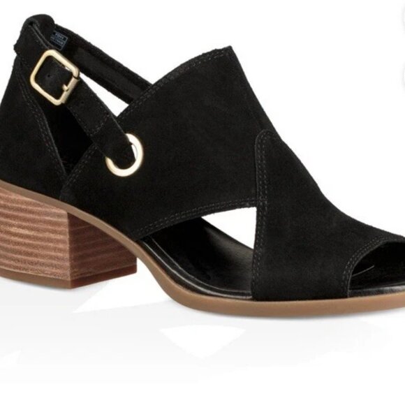 Koolaburra UGG Shoes Black Sz12 Ortholite Suede Leather Open Toe Heels KAIAH NEW - Picture 1 of 13